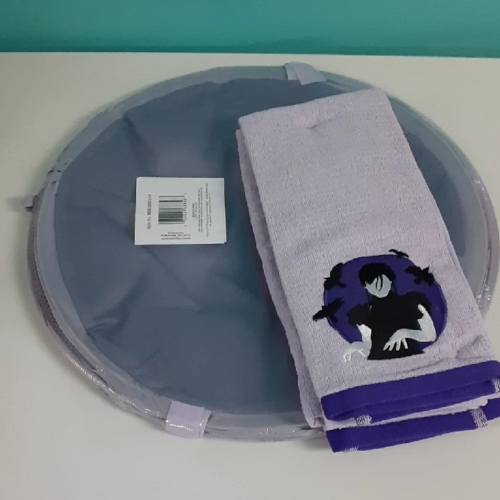 Hamper and Hand Towels, Pale Purple with Appliques of Wednesday, Spooky!